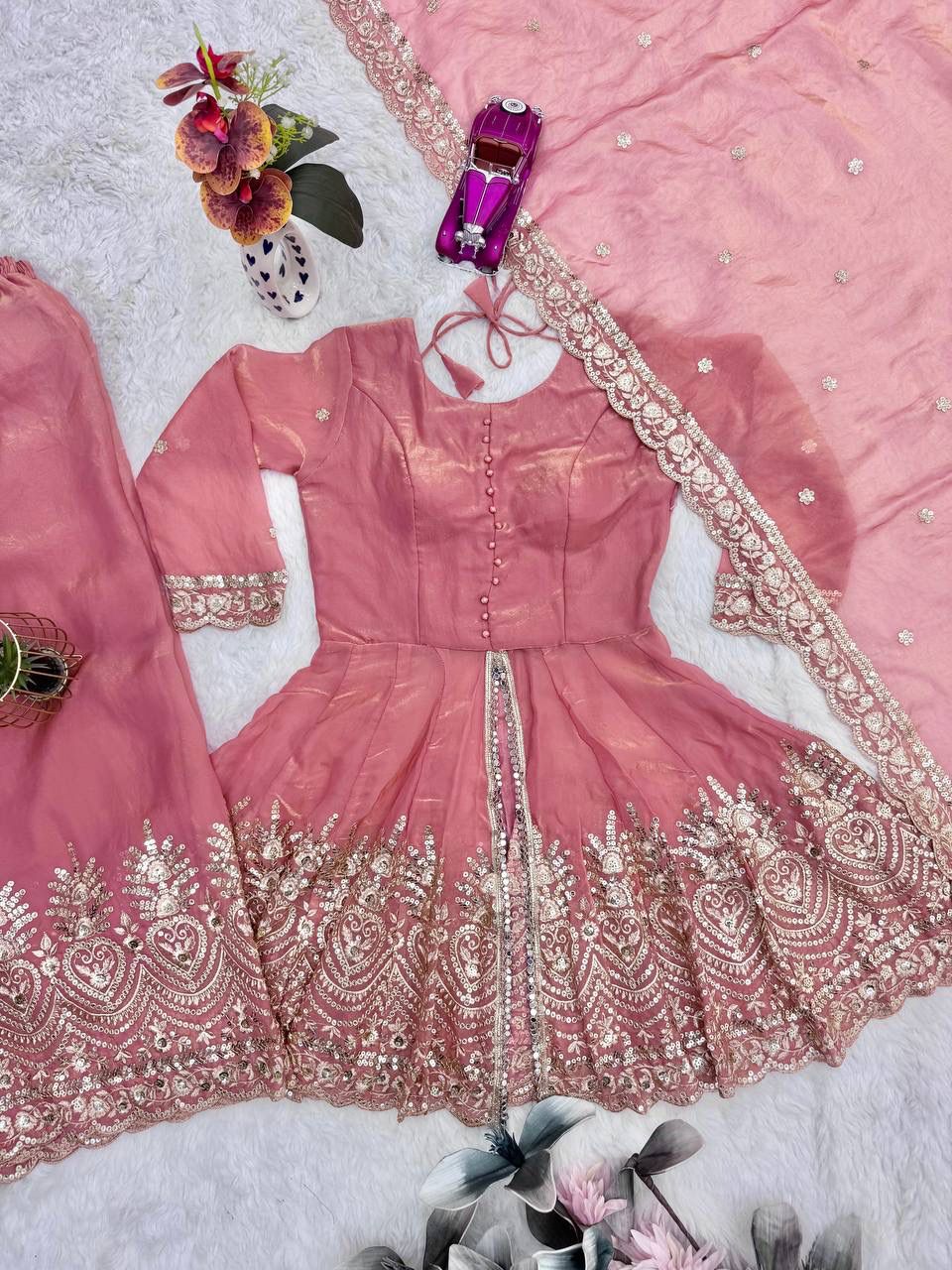 Fendy Satin Silk Gown Sharara Set with Mirror Work