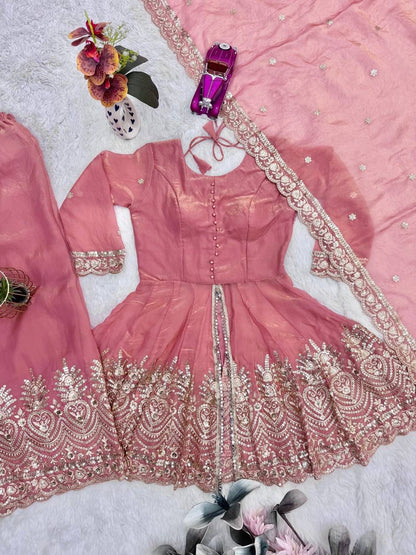Fendy Satin Silk Gown Sharara Set with Mirror Work