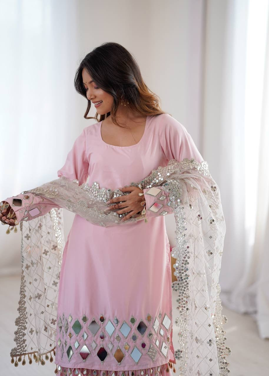 French Crepe Top, Sharara & Dupatta Set