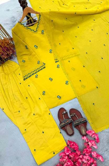 Mul Chanderi Top, Farshi Plazzo & Dupatta Set