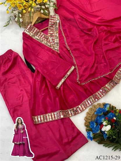 Premium Soft Chinon Mirror Work Palazzo Set With Dupatta