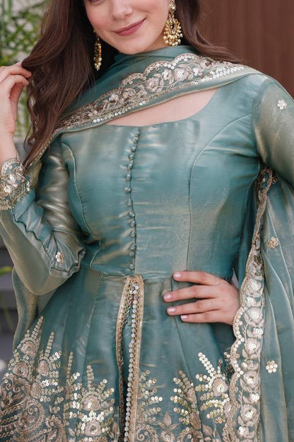 Fendy Satin Silk Gown Sharara Set with Mirror Work