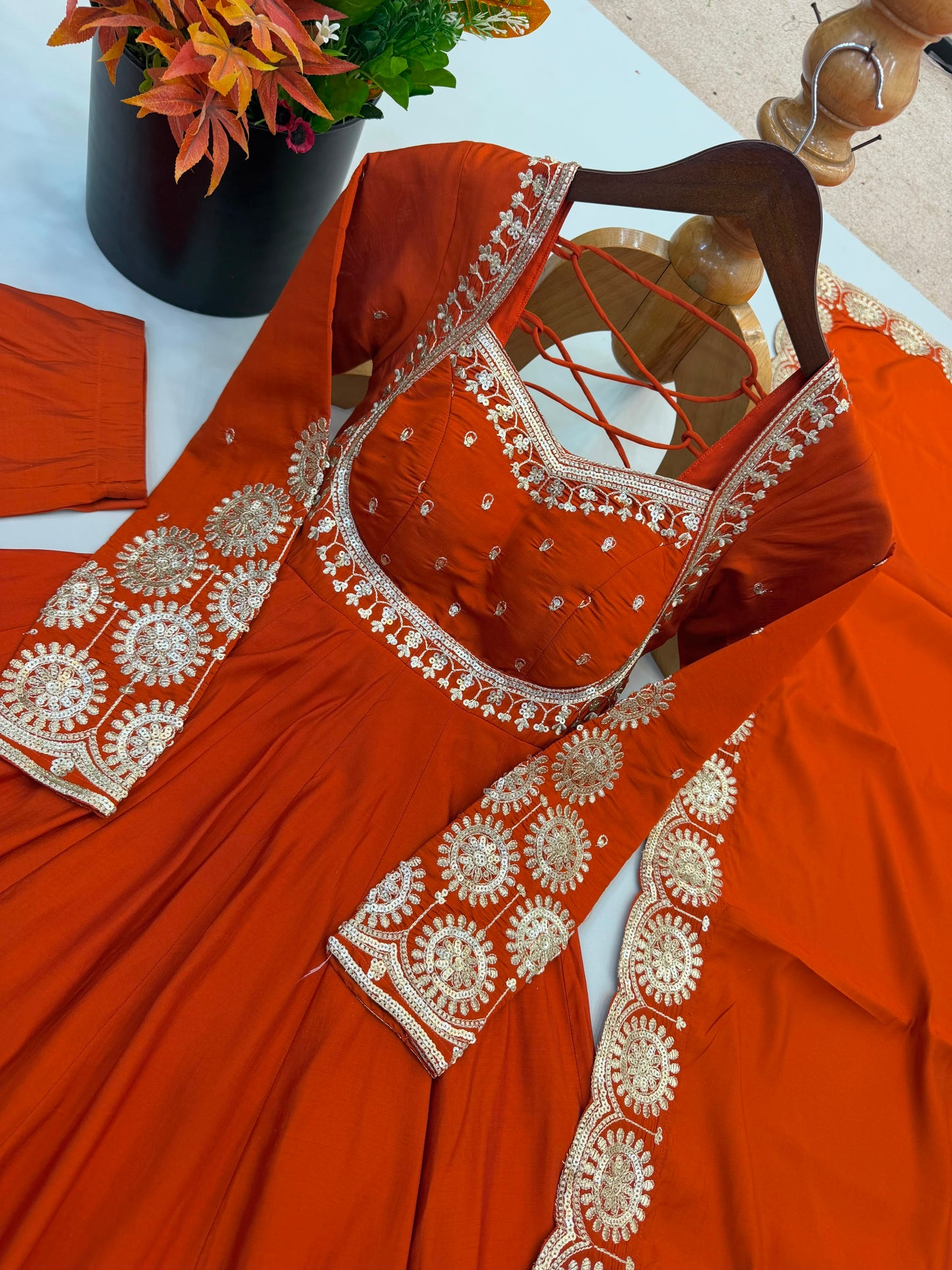 Premium Roman Silk Embroidered Anarkali Set With Chanderi Dupatta