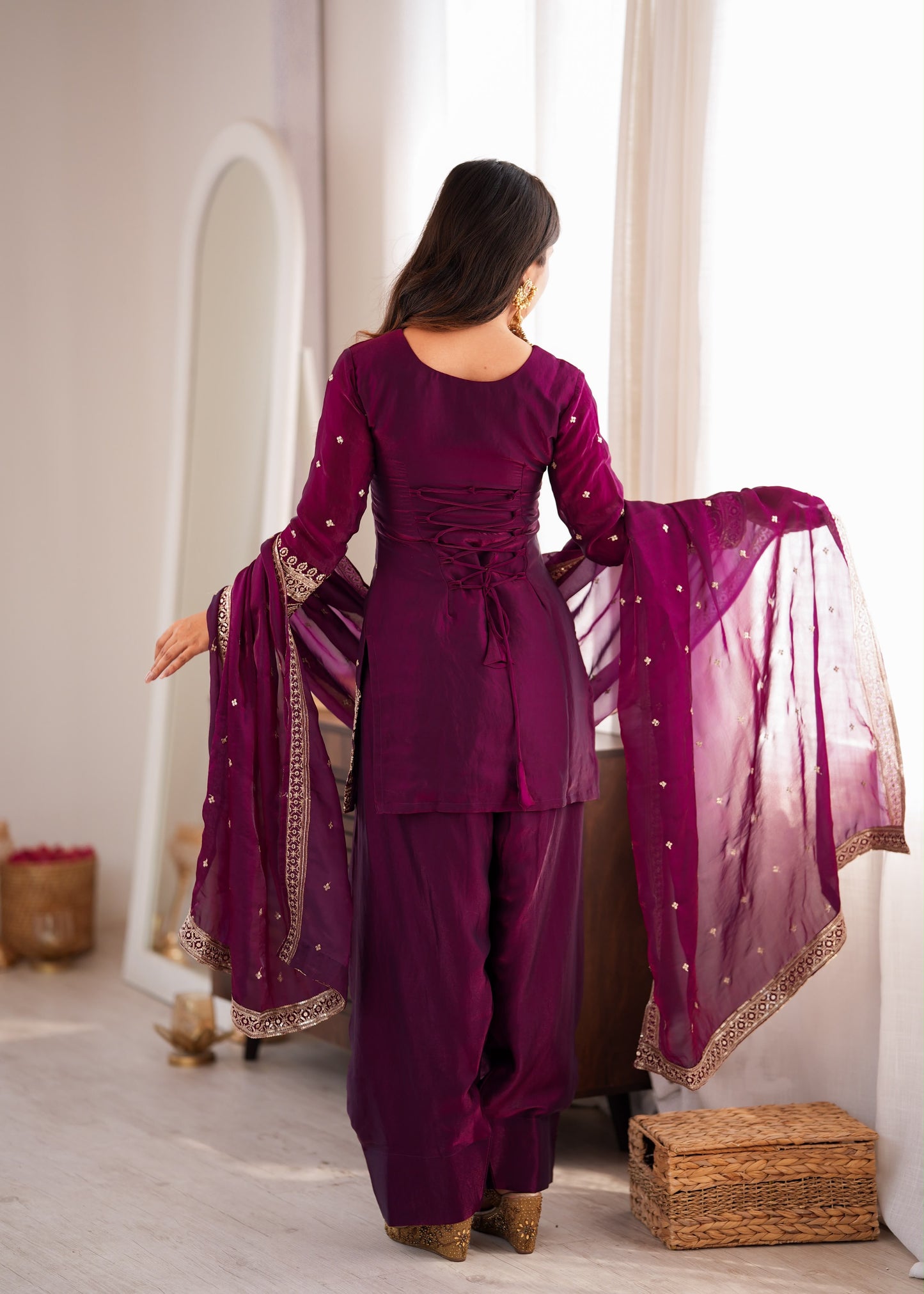 Wine Heavy Fendy Silk Embroidered Kurta Set with Farshi Shalwar and Dupatta