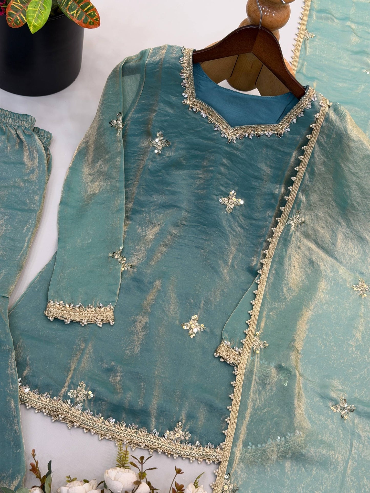 Fendy Silk Embroidery Sequence & Real Mirror Work Sharara Set With Dupatta