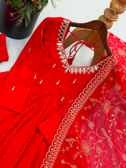 Premium Faux Georgette Khatli Mirror Work Anarkali Set With Dupatta