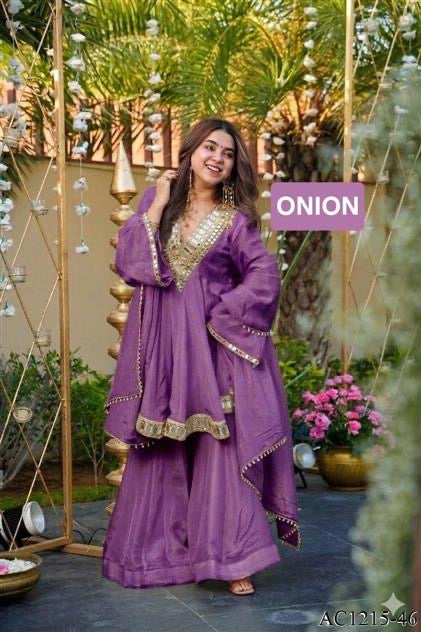 Premium Soft Chinon Mirror Work Palazzo Set With Dupatta
