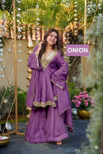 Premium Soft Chinon Mirror Work Palazzo Set With Dupatta