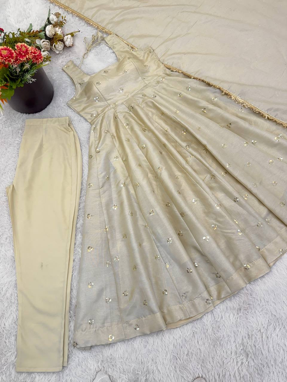 Cosmos Gold With Embroidery Work Gown