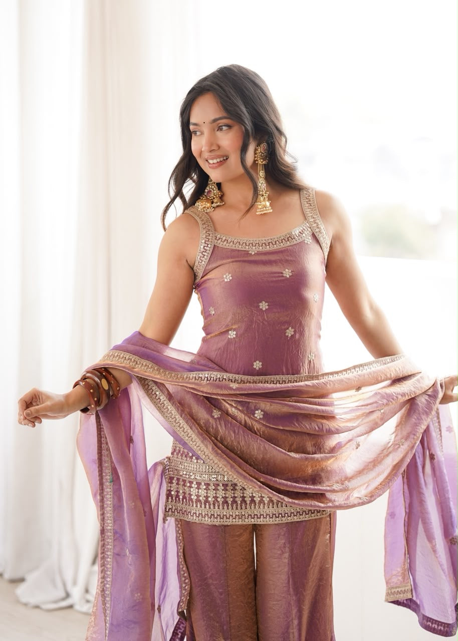 Premium Frendy Silk Embroidered Bell Bottom Suit Set With Dupatta