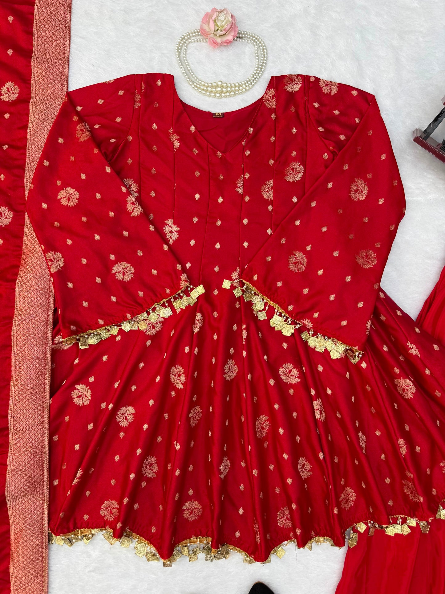 Satin Silk Kurta Set with Palazzo and Dupatta