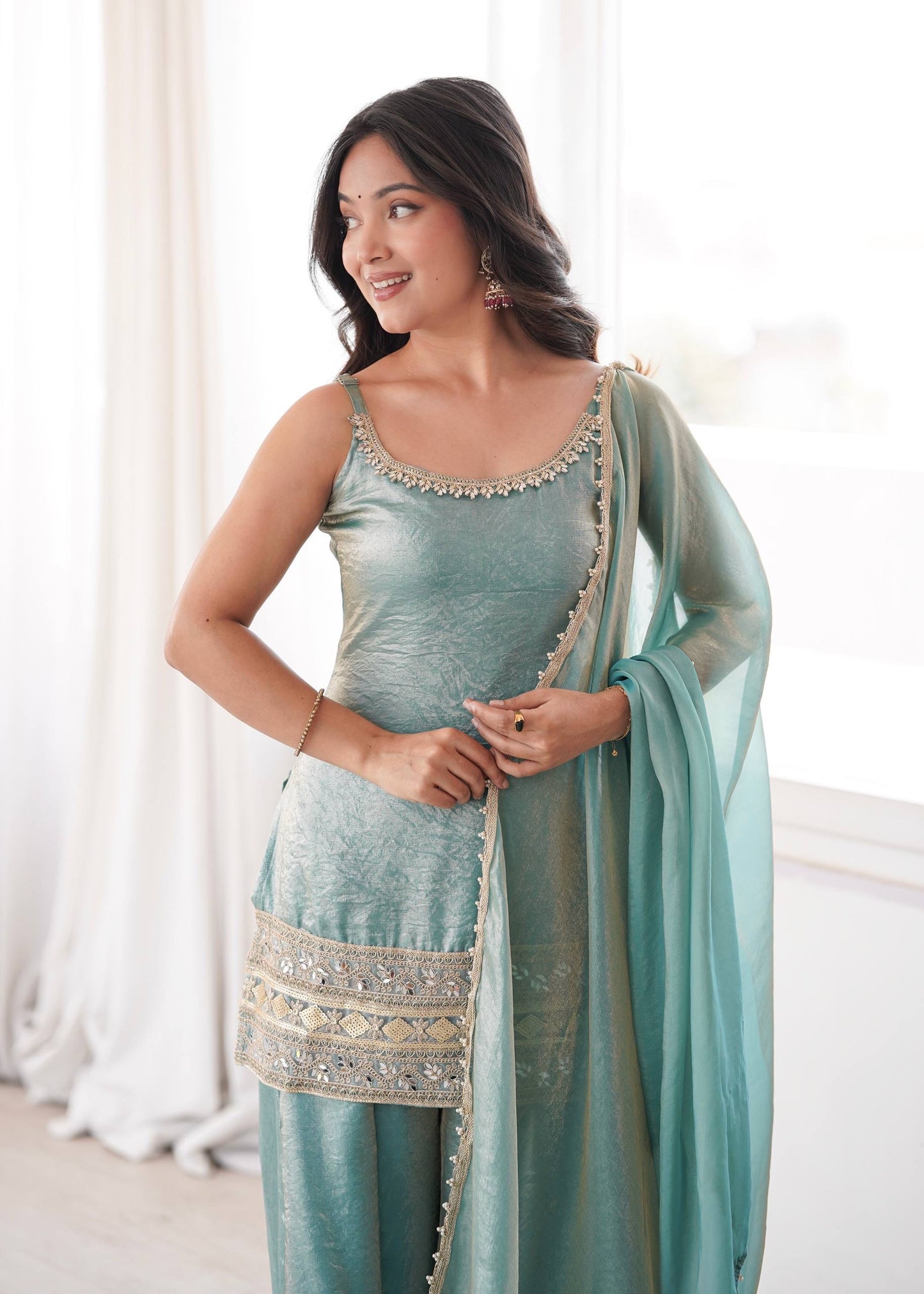 Premium Crush Mirror & Sequence Palazzo Set With Dupatta