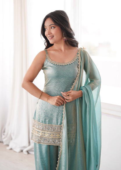 Premium Crush Mirror & Sequence Palazzo Set With Dupatta