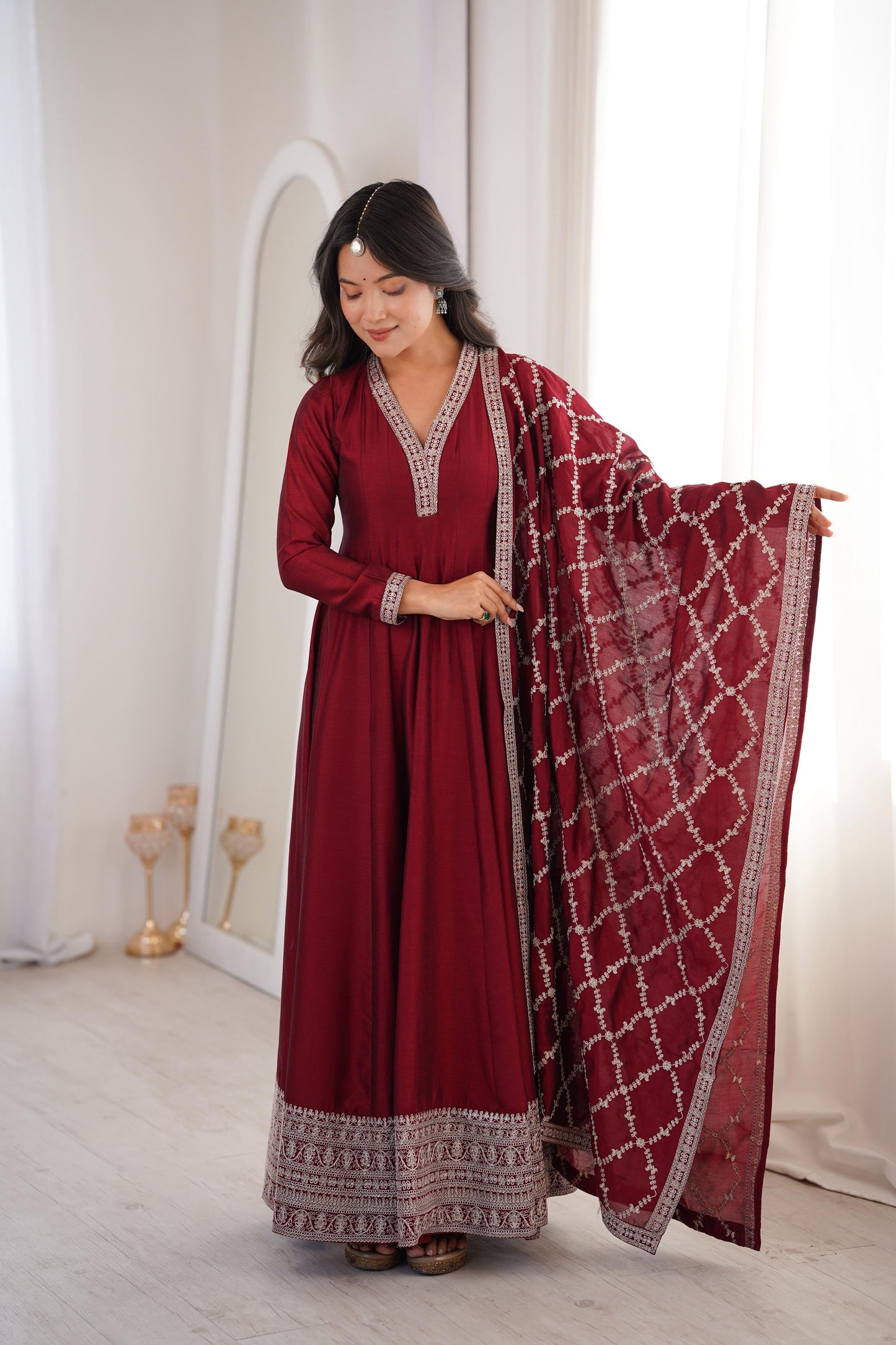 Premium Blooming Vichitra Silk Anarkali Gown Set with Dupatta