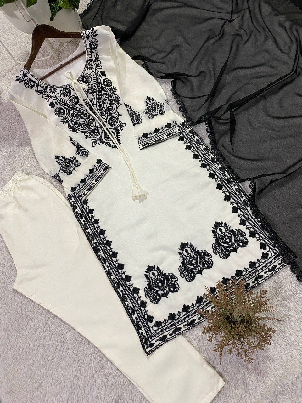 EMBROIDERED ROMAN SILK FABRIC TOP AND PANT WITH DUPATTA PAIR