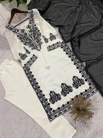 EMBROIDERED ROMAN SILK FABRIC TOP AND PANT WITH DUPATTA PAIR