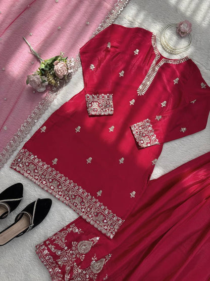 Premium Chinon Silk Thread & Sequence Work Top, Plazzo & Dupatta Set