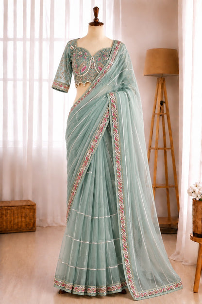 Premium Designer Embroidered Net Saree with Diamond Border