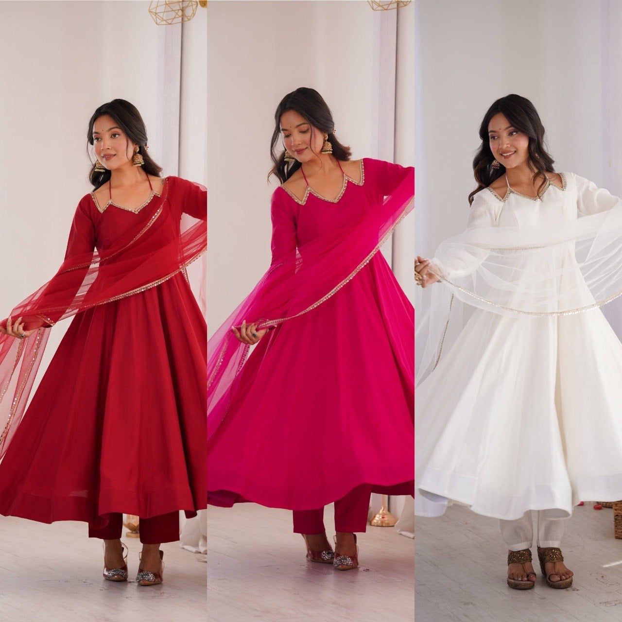 Roman Silk Chanderi Anarkali, Pant & Dupatta Set