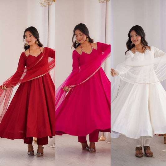 Roman Silk Chanderi Anarkali, Pant & Dupatta Set