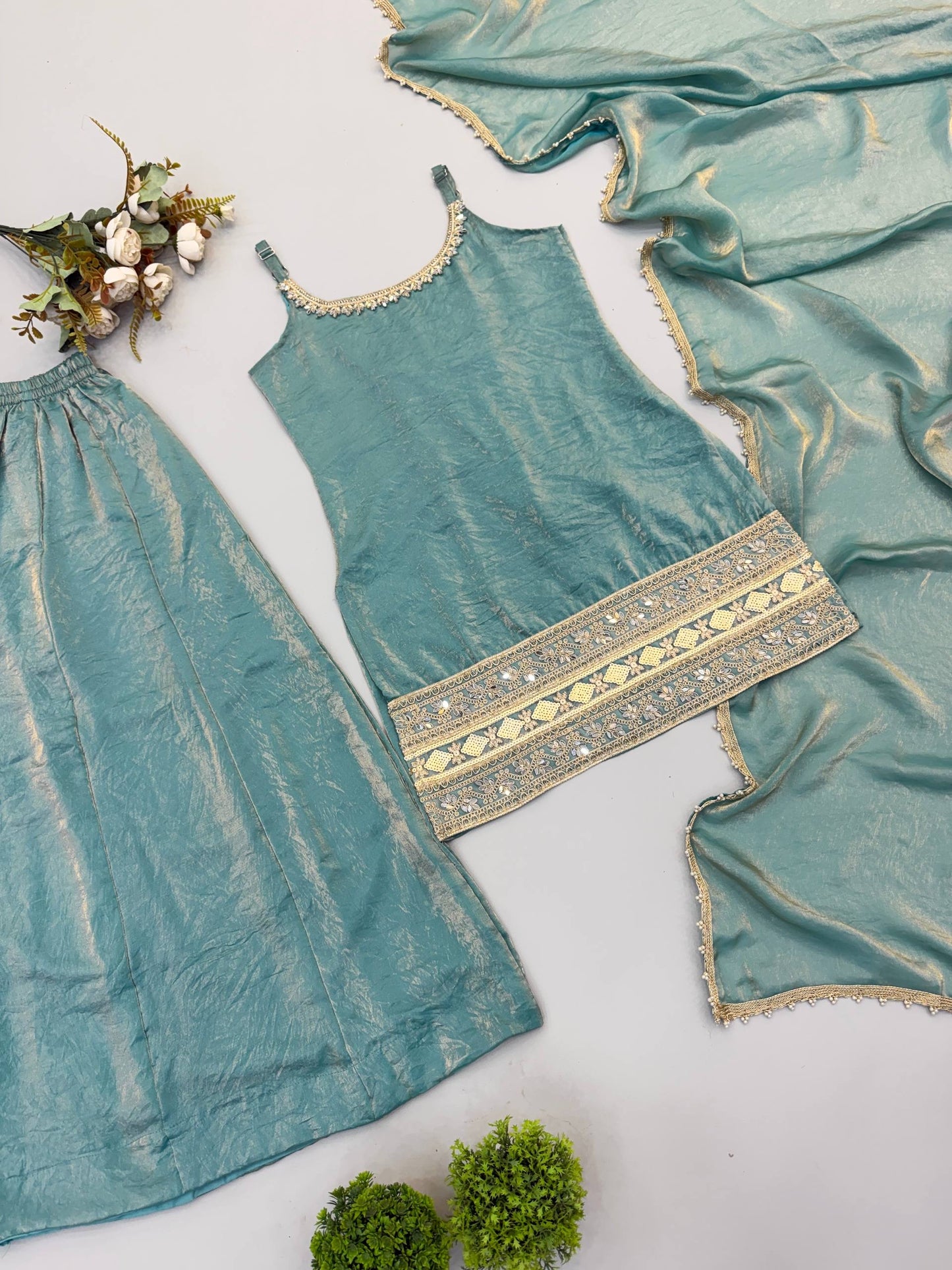 Premium Crush Mirror & Sequence Palazzo Set With Dupatta