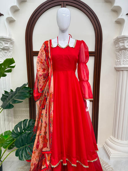 Premium Tabby Silk Mirror Lace Anarkali Set With Digital Printed Dupatta