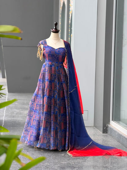 Premium Jimmy Organza Silk Digital Printed Padded Anarkali Gown With Dupatta