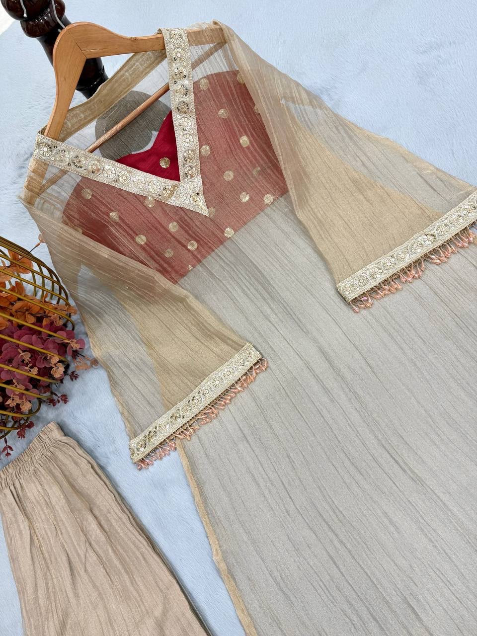 Premium Golden Tissue Salsa Embroidered Kurta Set With Slub Satin Blouse & Palazzo