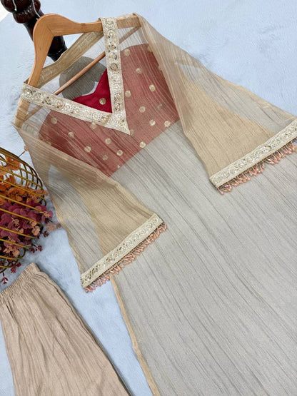 Premium Golden Tissue Salsa Embroidered Kurta Set With Slub Satin Blouse & Palazzo