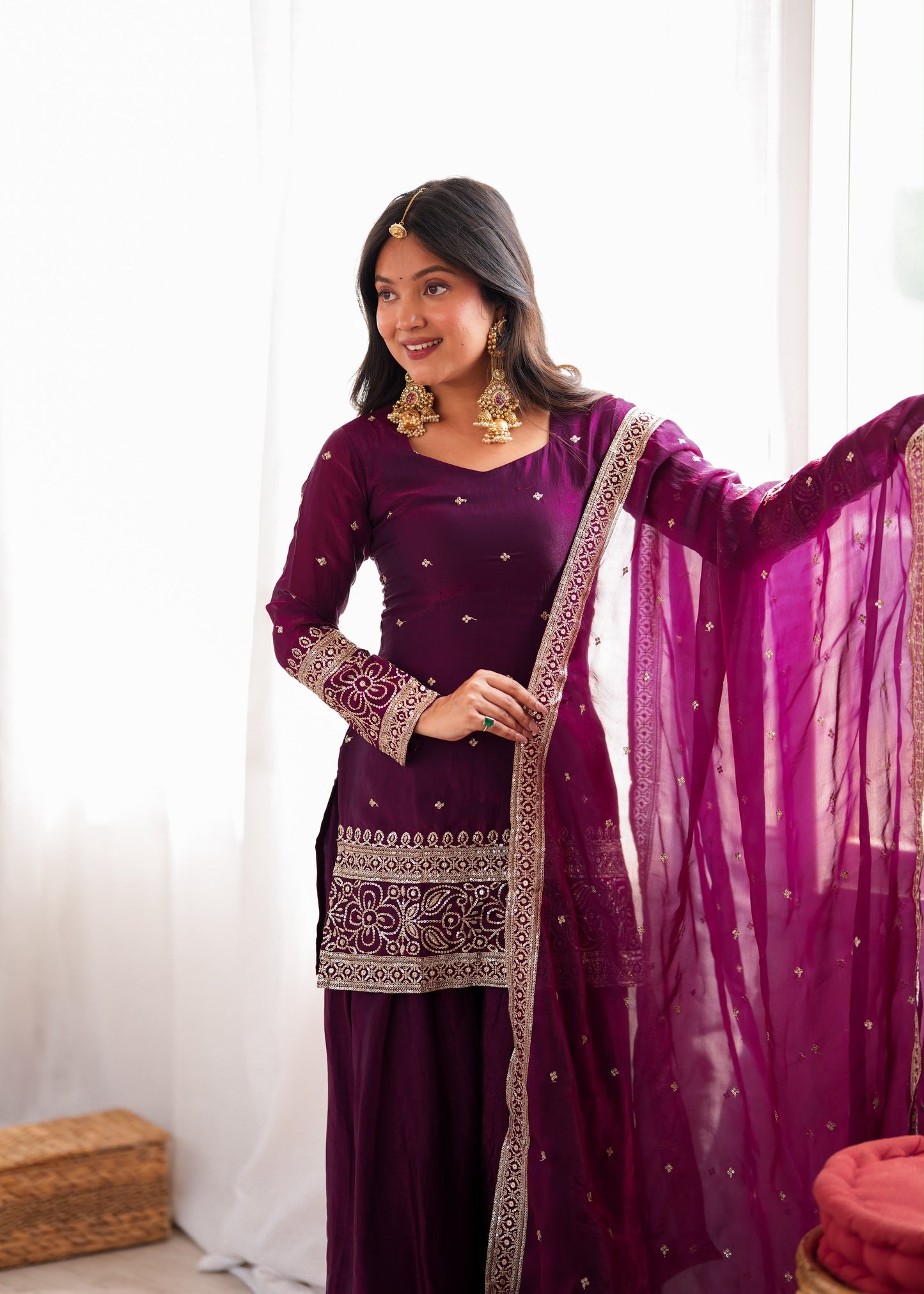 Wine Heavy Fendy Silk Embroidered Kurta Set with Farshi Shalwar and Dupatta