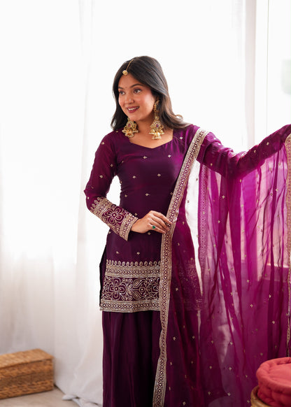 Wine Heavy Fendy Silk Embroidered Kurta Set with Farshi Shalwar and Dupatta