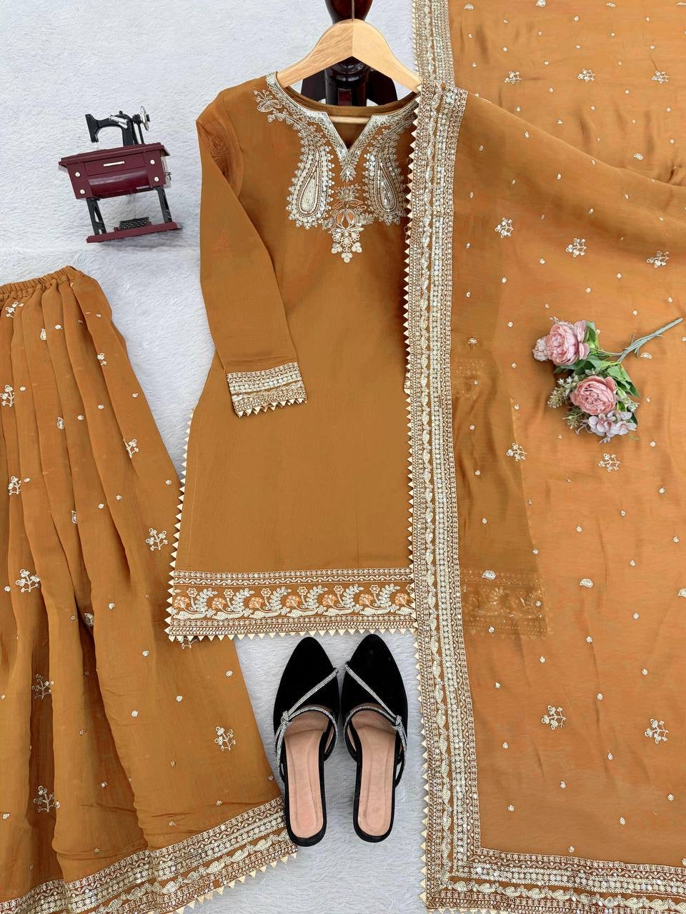 Mul Chanderi Top, Plazzo & Dupatta Set