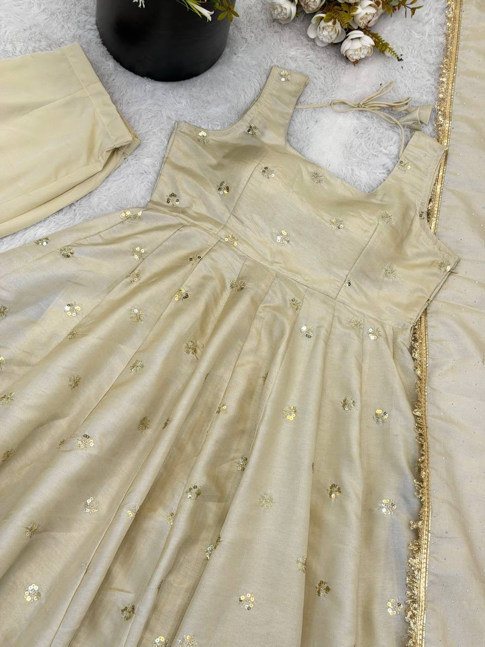 Cosmos Gold With Embroidery Work Gown