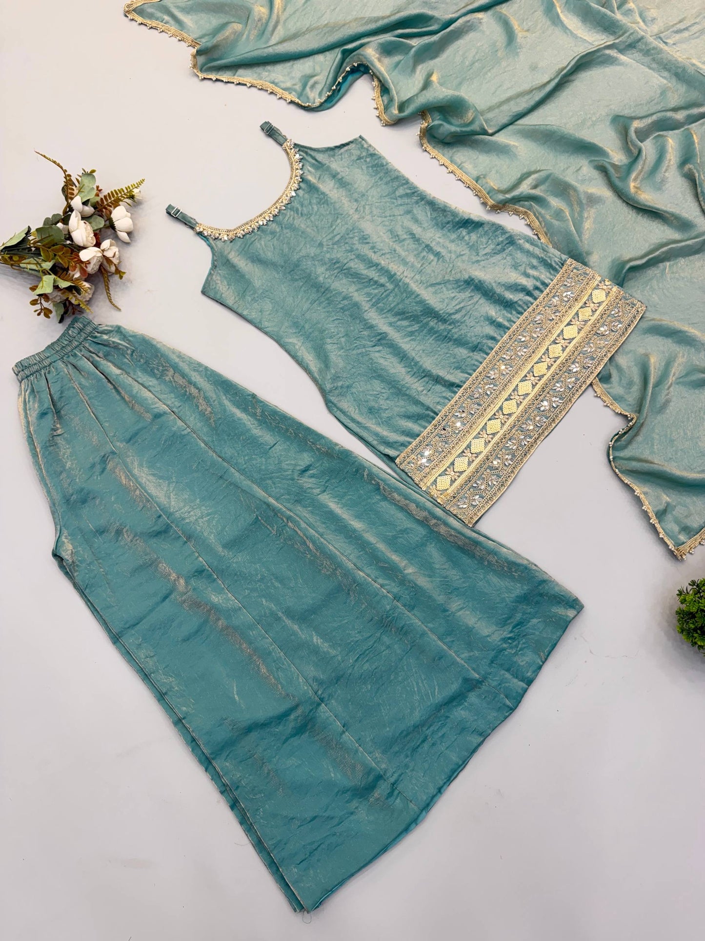 Premium Crush Mirror & Sequence Palazzo Set With Dupatta