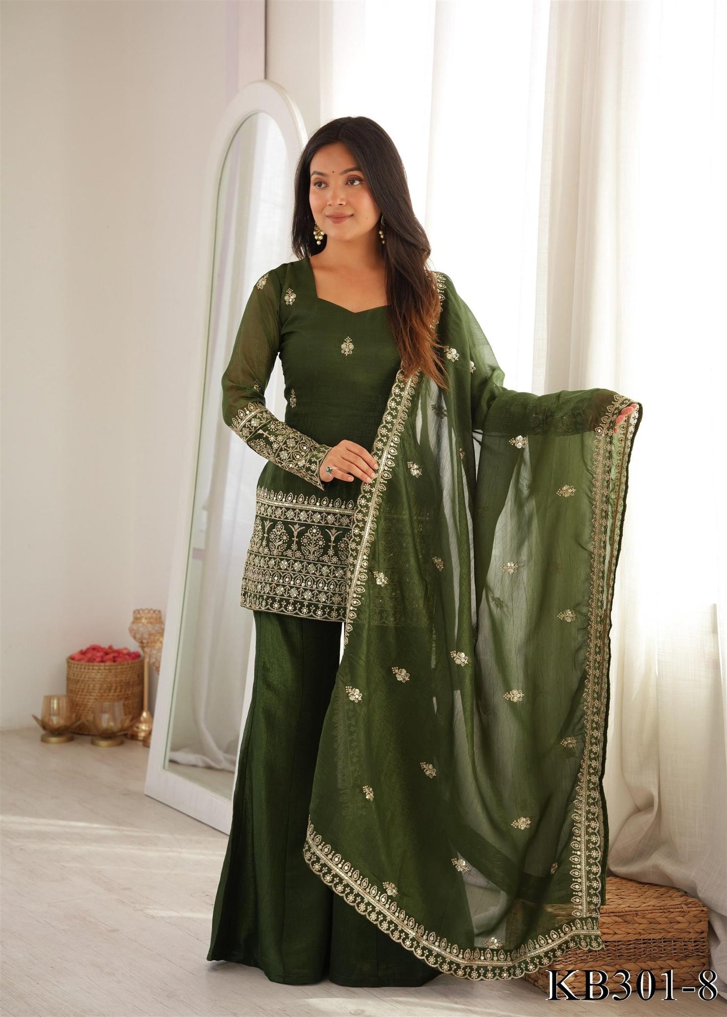 Premium Crunchy Silk Embroidered Bell Bottom Suit Set With Dupatta