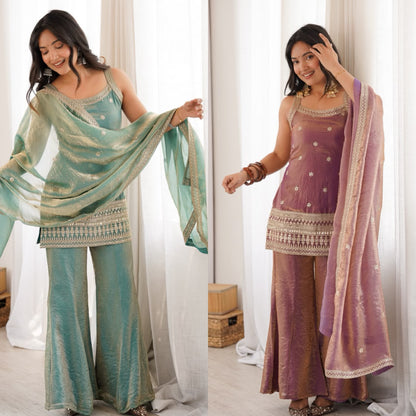 Premium Frendy Silk Embroidered Bell Bottom Suit Set With Dupatta