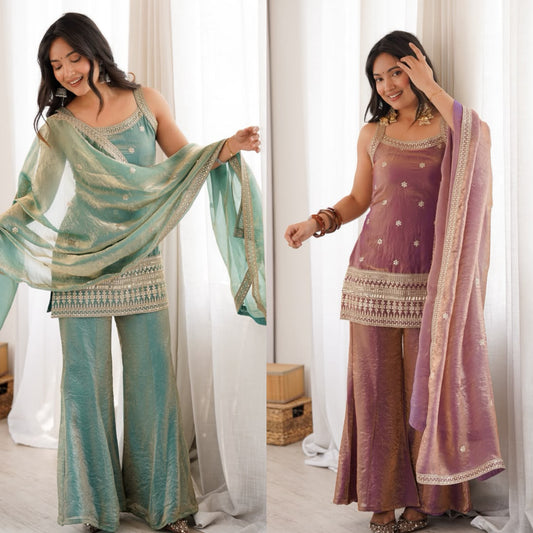 Premium Frendy Silk Embroidered Bell Bottom Suit Set With Dupatta