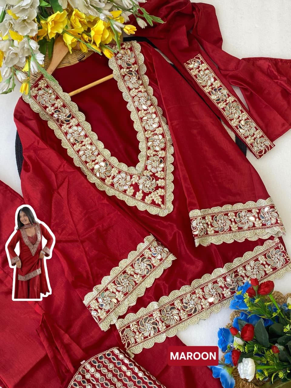 Premium Chinon 4 Piece Sharara Suit Set With Mirror
