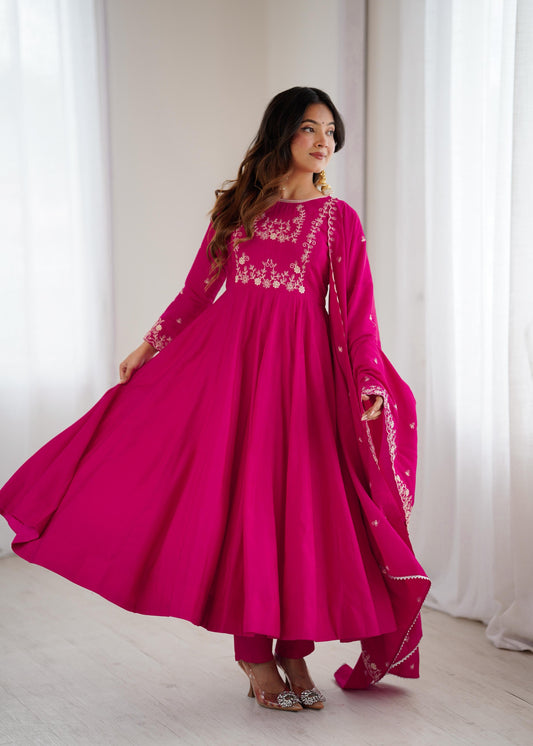 Premium Roman Chanderi Silk Anarkali Set