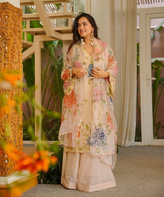Brush Print Plazzo Set – Organza Silk Designer Outfit