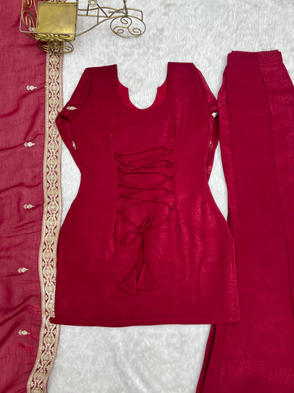 Premium Crunchy Silk Embroidered Bell Bottom Suit Set With Dupatta