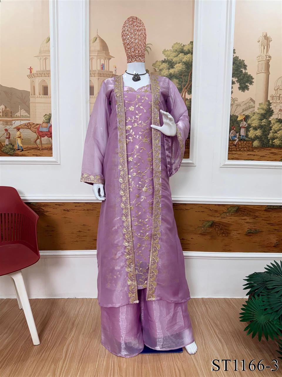 Premium Jimmy Silk Embroidered Kurti Palazzo Set With Koti