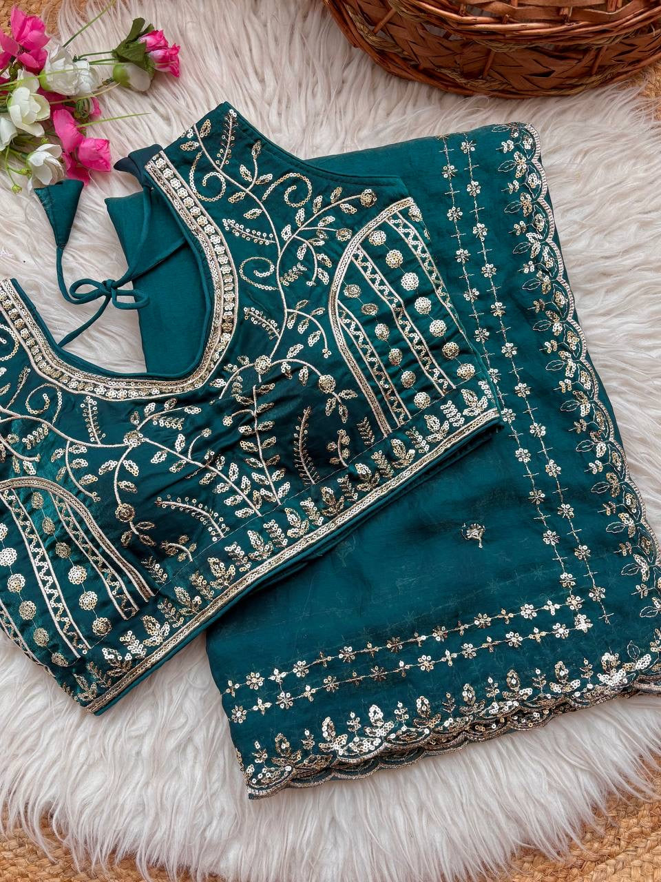Beautiful Sequence work  Soft Fandy Silk  along with Full Stitched Blouse