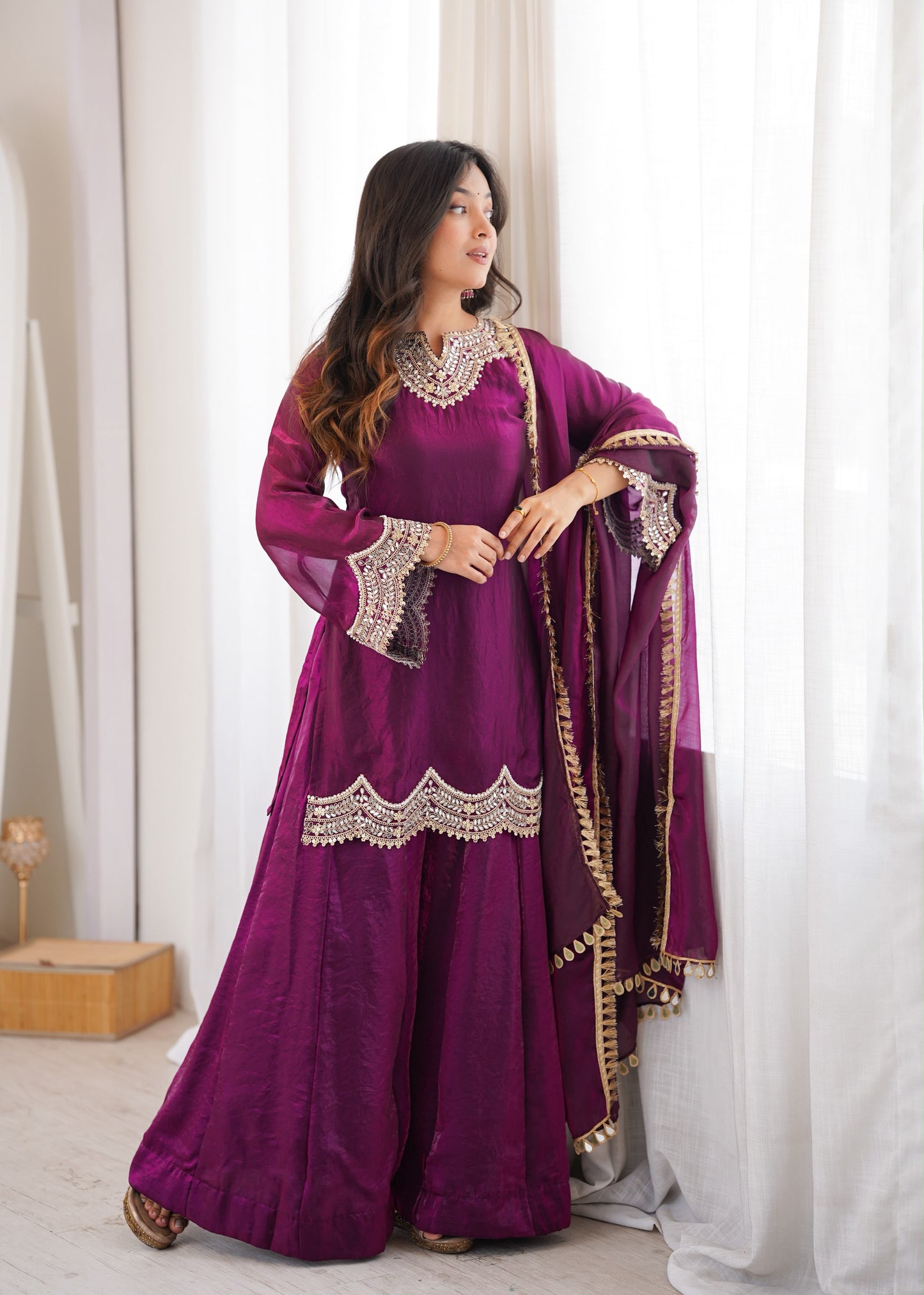 Premium Fendy Silk Mirror Work Top Sharara Set With Dupatta