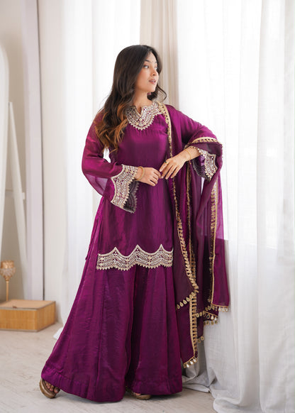 Premium Fendy Silk Mirror Work Top Sharara Set With Dupatta