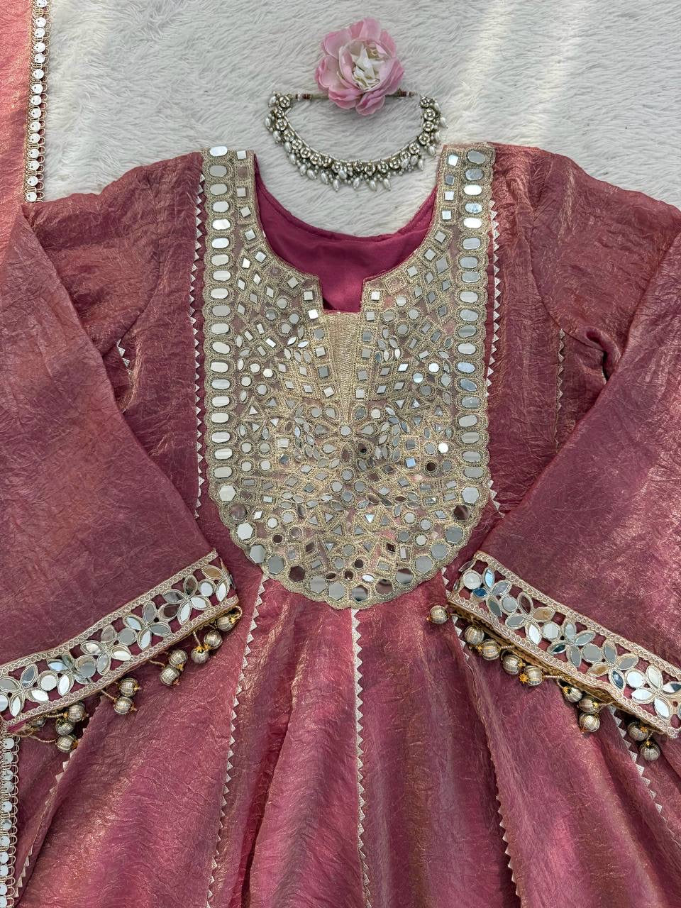Premium Gold Crush Mirror Work Dhoti Set With Dupatta