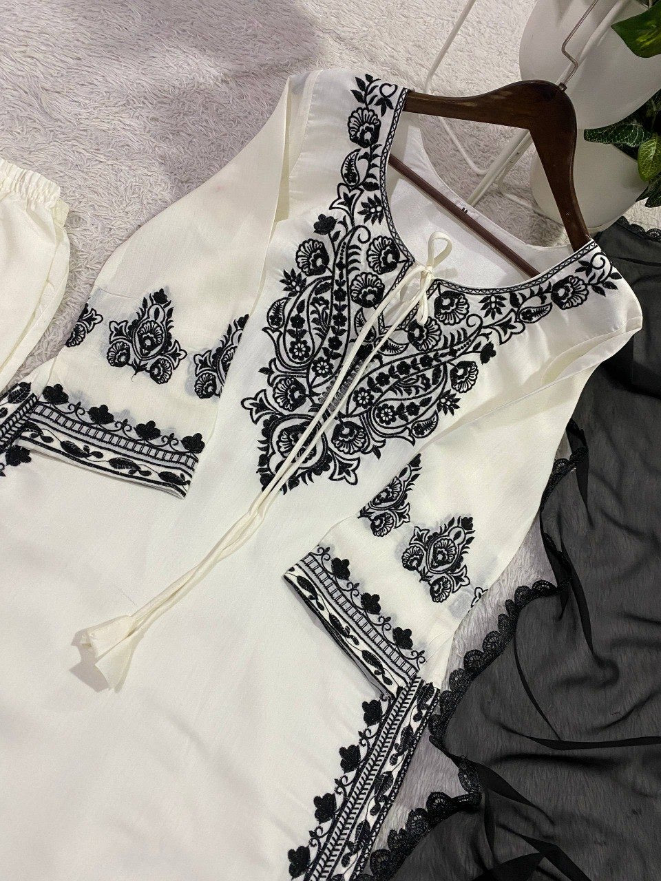 EMBROIDERED ROMAN SILK FABRIC TOP AND PANT WITH DUPATTA PAIR