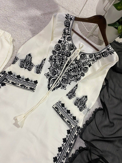 EMBROIDERED ROMAN SILK FABRIC TOP AND PANT WITH DUPATTA PAIR