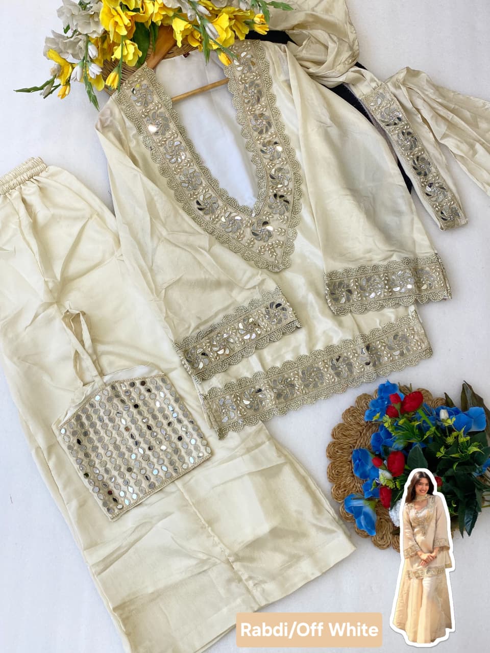 Premium Chinon 4 Piece Sharara Suit Set With Mirror