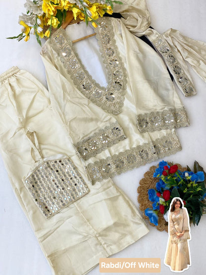 Premium Chinon 4 Piece Sharara Suit Set With Mirror